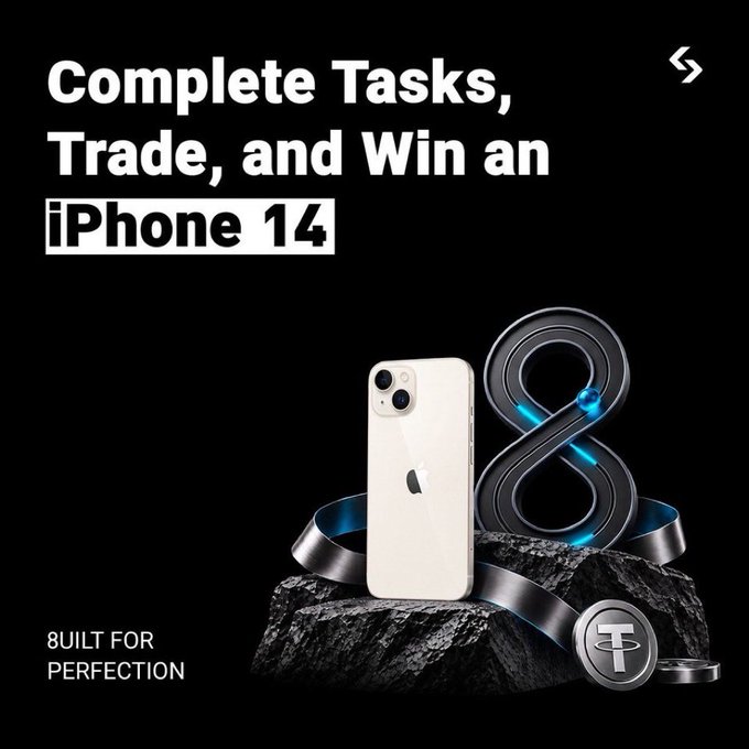 A promotional image with text 'Complete Tasks, Trade, and Win an iPhone 14' alongside an iPhone 14, a Tether (USDT) logo, and '8UILT FOR PERFECTION' tagline.