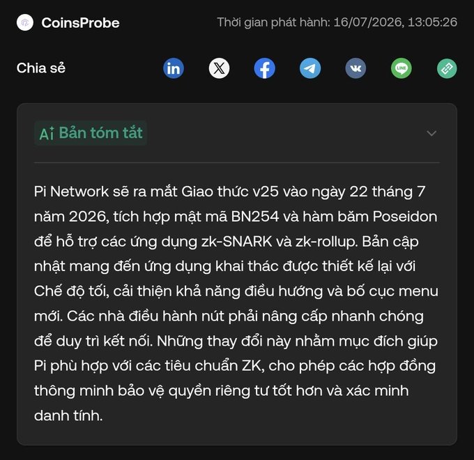 A screenshot from CoinsProbe shows a Vietnamese AI summary explaining that Pi Network will launch Protocol v25 on July 22, 2026, integrating BN254 hash and Poseidon hash to support zk-SNARK and zk-rollup applications.
