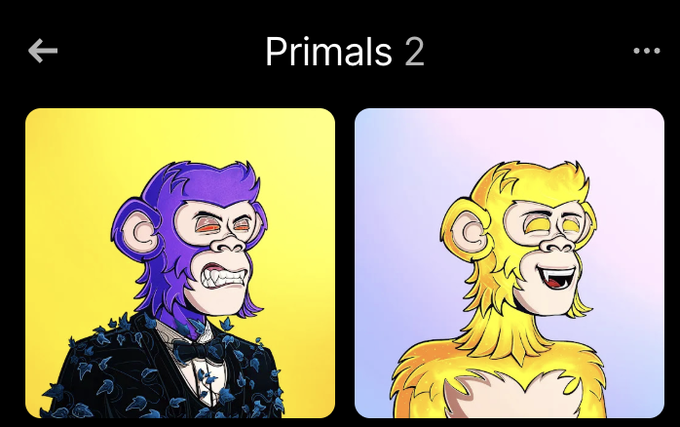 An NFT marketplace display titled 'Primals 2' showing two monkey avatars, one purple in a spiked jacket and one yellow.