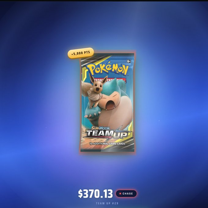 A Pokémon Trading Card Game Sun & Moon Team Up booster pack displayed for $370.13, labeled as 'TEAM UP #29' with a '+5,000 PTS' badge and 'CHASE' button.