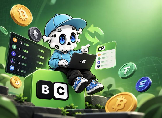 Cartoon mascot with a skull head wearing a blue cap, holding a laptop with 'BG' logo, surrounded by cryptocurrency coins including Bitcoin, Ethereum, and Tether.