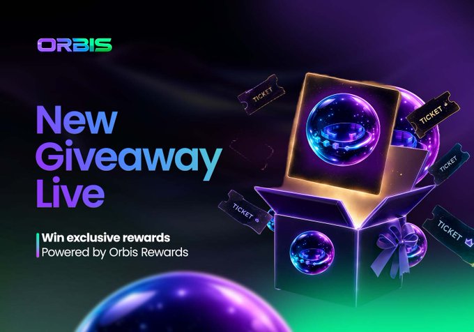 A promotional graphic for 'ORBIS New Giveaway Live' featuring an open glowing purple box surrounded by floating tickets and orbs, with the tagline 'Win exclusive rewards. Powered by Orbis Rewards.'