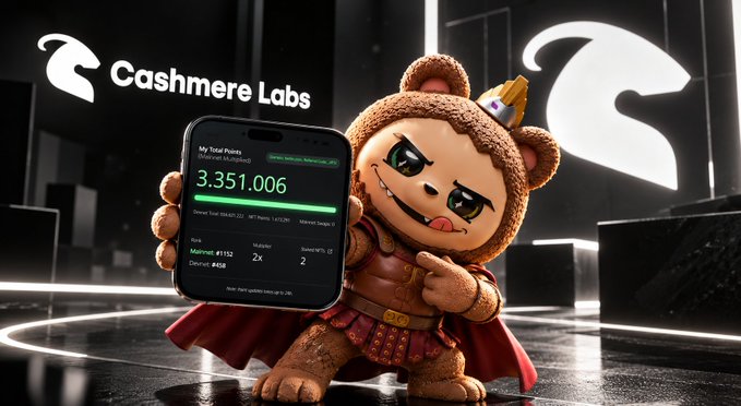A Cashmere Labs mascot teddy bear in warrior attire proudly displays a smartphone showing 3,351,006 points earned, alongside the Cashmere Labs logo, promoting users to check their accumulated points and NFT rewards.