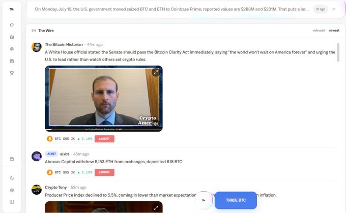 A screenshot of "The Wire" news feed on Midas Markets showing crypto headlines including a White House call to pass the Bitcoin Clarity Act, Abraxxas Capital's 8,153 ETH withdrawal alongside BTC at $65.3K and a 1.5% decline, and a Producer Price Index report — illustrating the all-in-one platform consolidating news, charts, and trading that the user describes replacing their previous multi-app setup.