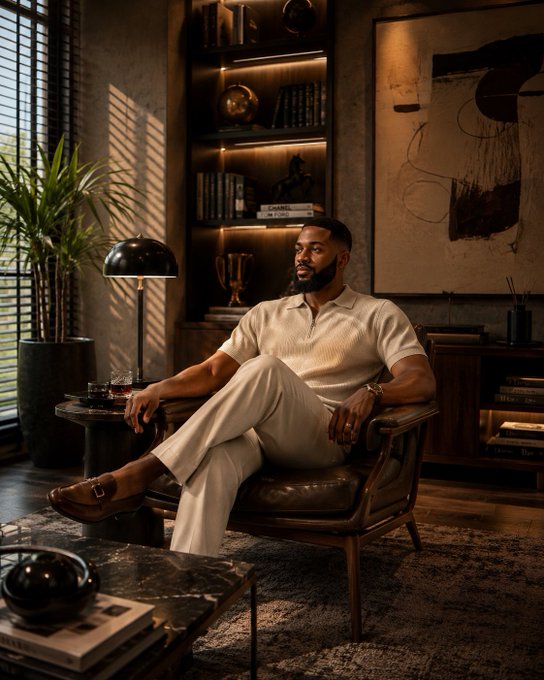 A stylish man in a cream-colored outfit sits in a leather chair in a sophisticated room with bookshelves and artwork.