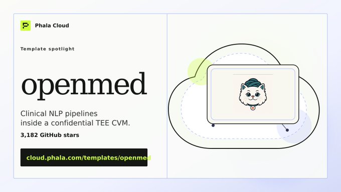 The image shows an openmed post from a platform named phala.cloud. The post focuses on clinical NLP pipelines, which are used for analyzing healthcare data. It also mentions that the pipeline can be deployed as a cloud service with a simple configuration. The post includes a cartoon cat's face and text about the openmed feature.