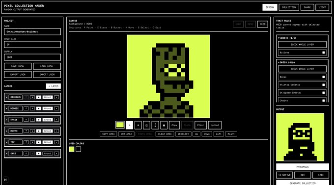 A screenshot of a "Pixel Collection Maker" interface displaying a pixel art character with sunglasses on a yellow background, featuring tools for canvas editing, layering (background, hoodie, eyes, mouth, top, base), and rarity settings. The interface visually represents the custom pixel studio tool being developed for designing on-chain pixel art collections.