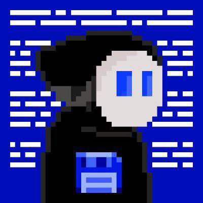 A pixel art character with a black hood and pale face stands against a blue background featuring white code-like text patterns, with a small floppy disk icon displayed on their chest. The image's tech aesthetic and the "$POW @traderpow" reference suggest this stylized avatar represents a cryptocurrency trader's digital, hacker-like persona.