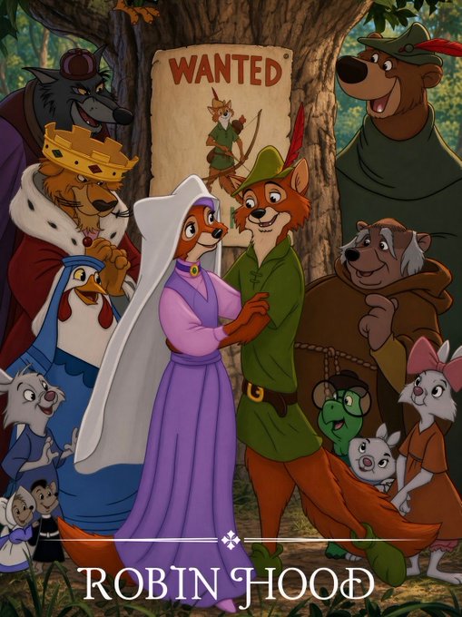 Animated-style illustration of the Robin Hood cast, featuring anthropomorphic animals around Maid Marian and Robin Hood in front of a 'WANTED' poster with the title 'ROBIN HOOD' at the bottom.
