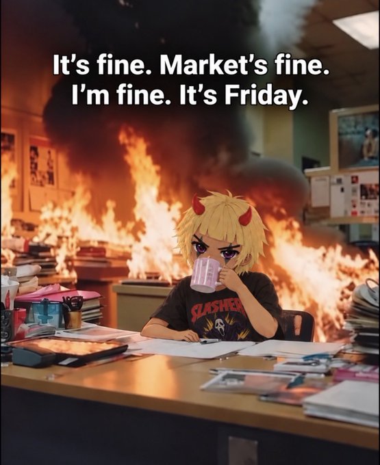 An anime-style character with blonde hair and red horns sits calmly drinking from a mug at a desk while flames engulf the office behind them, captioned "It's fine. Market's fine. I'm fine. It's Friday." The ironic "everything is fine" vibe pairs perfectly with the poster's upbeat GM Friday greeting—masking chaos with cheerfulness to wish followers a great weekend.