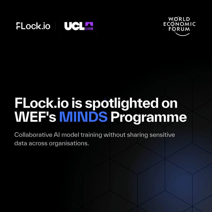 The image is a promotional graphic announcing that FLock.io has been spotlighted on the World Economic Forum's (WEF) MINDS Programme, in collaboration with UCL. It features the FLock.io, UCL, and World Economic Forum logos on a dark geometric background, with the tagline "Collaborative AI model training without sharing sensitive data across organisations." This ties into the post "AX with FLOCK!" by highlighting FLock.io's recognition by a prestigious global institution for its privacy-preserving AI training approach.