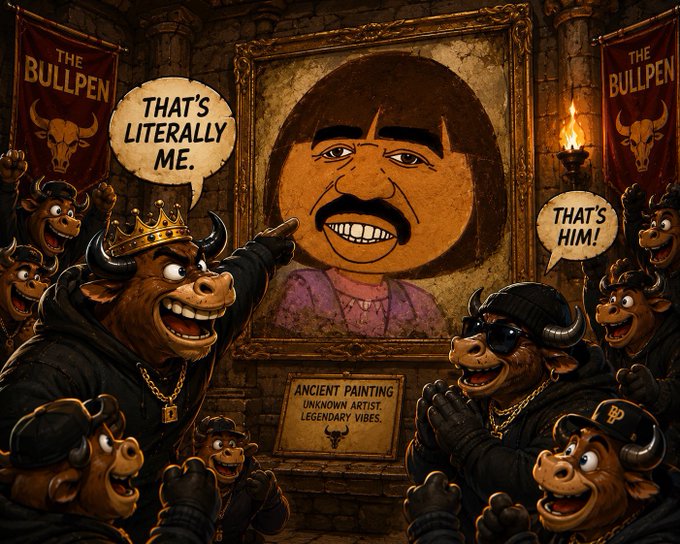 A cartoon illustration titled 'THE BULLPEN' showing anthropomorphic bulls pointing at a portrait of a man with a mustache, with speech bubbles reading 'THAT'S LITERALLY ME' and 'THAT'S HIM!'.