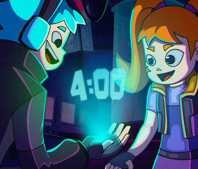 The image shows two animated characters looking at a glowing "4:00" countdown timer between them, illustrating the "Volt mint goes live in 4 hours" message referenced in the post.