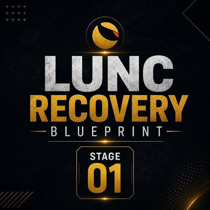 A promotional graphic with a black and gold color scheme displays 'LUNC RECOVERY BLUEPRINT STAGE 01' beneath a crescent moon logo.