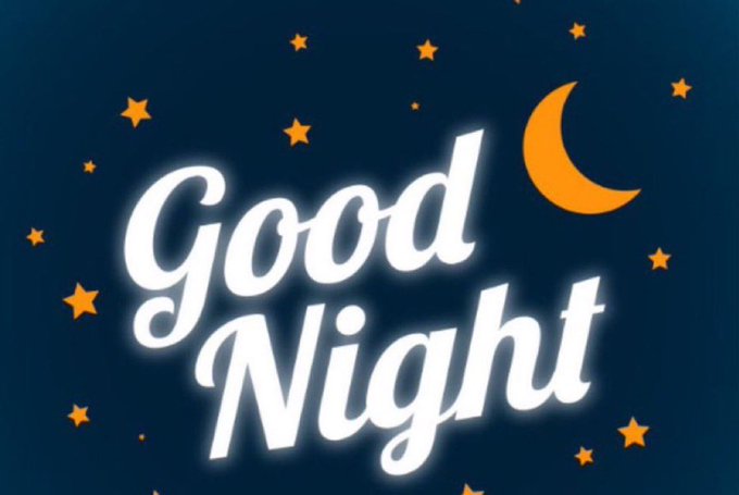 A decorative 'Good Night' graphic featuring white cursive text on a dark blue starry background with an orange crescent moon.