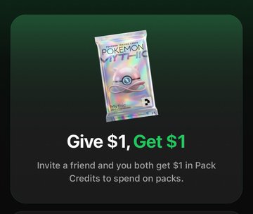 A promotional graphic featuring a Pokémon TCG Pocket pack with the text 'Give $1, Get $1' offering $1 in Pack Credits for inviting a friend.