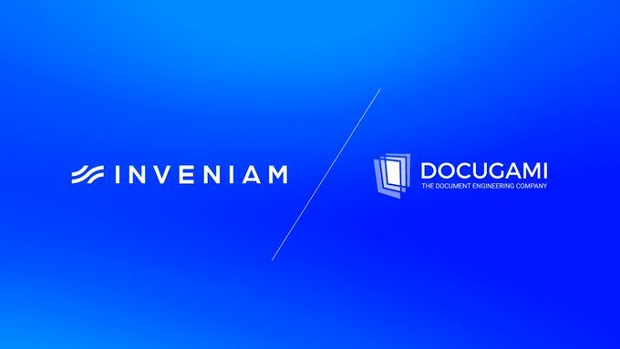 Inveniam and Docugami partnership graphic on a blue background, displaying the Inveniam logo with the tagline and Docugami logo subtitled 'The Document Engineering Company'.