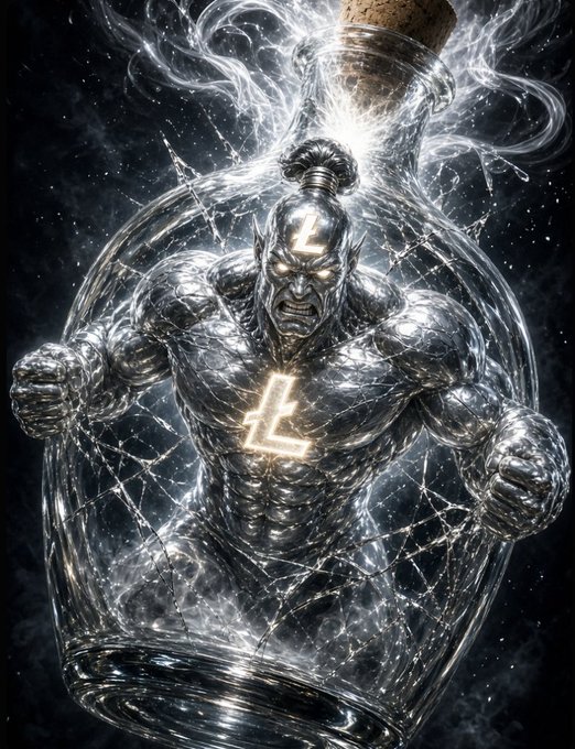 A fantasy illustration depicts a muscular, metallic-textured character with glowing eyes and a lit-up Litecoin (Ł) symbol on its chest, contained within a cracked glass bottle topped with a cork.