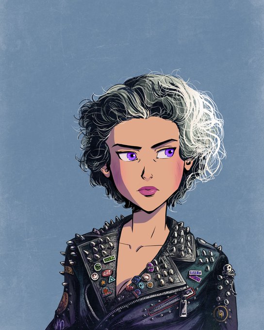 A digital illustration of a fierce-looking character with tousled silver-grey hair, striking purple eyes, and a studded black leather jacket covered in various pins and patches (including ones reading "FXCK UP," "LOVE," and "ACAB"). The punk-styled "Mad Lad" persona visually embodies the post's message about unwavering commitment to a bold, rebellious identity over profit-driven motives.
