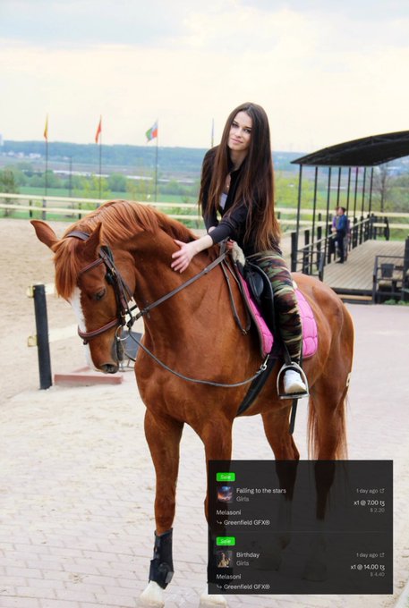 A young woman with long dark hair sits on a brown horse in an outdoor riding arena, wearing a black top and camouflage pants. A TikTok overlay shows 'Falling to the stars' gift (xl @7.00) and 'Birthday' gift (xl @14.00) by Mediasoft via GreenField GFXIQB.