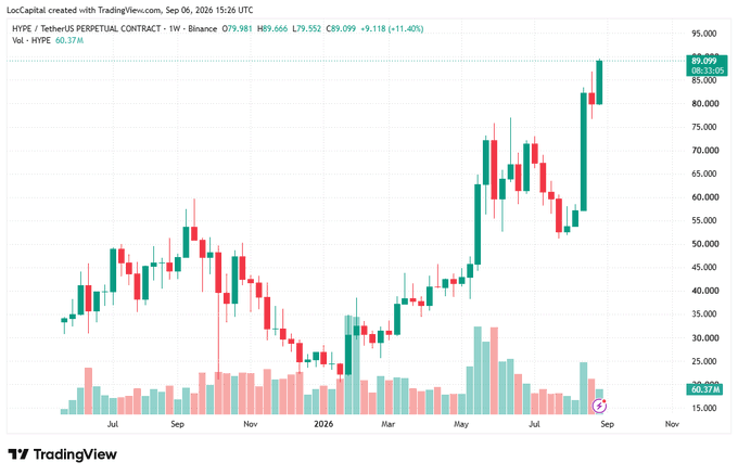 A TradingView candlestick chart for HYPE/USDT Perpetual Contract on Binance, showing a weekly timeframe with significant price growth reaching $89.099, up 11.40%.