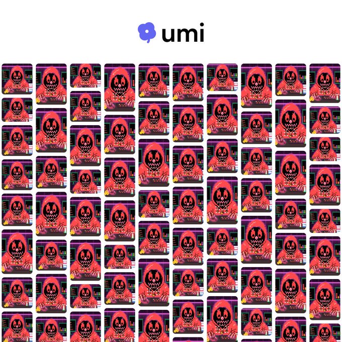 A promotional graphic for 'umi' featuring a repeating grid pattern of a stylized hooded figure with a skull-like face displayed on screens, rendered in red and purple tones.