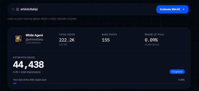 A dashboard screenshot for 'White Agent' (@whitelistakip) showing an estimated $BASE of 44,438 from 155 posts and 222.2K total views, with a 0.09% share of the 50M creator pool marked as 'Eligible'.