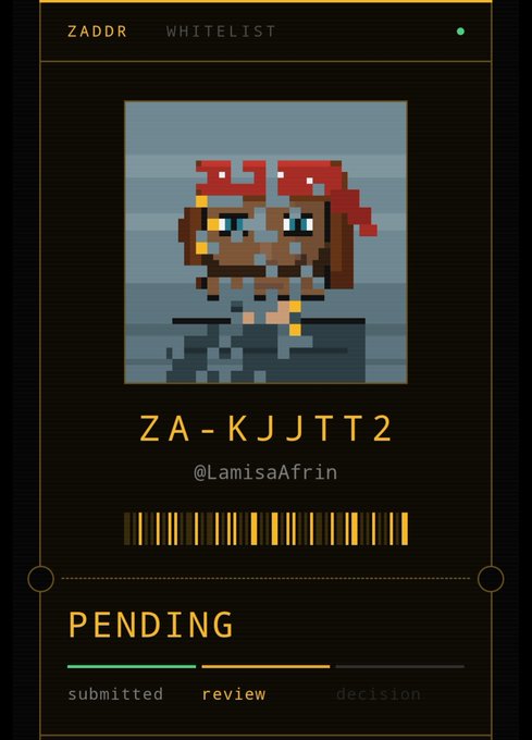 A digital whitelist card displaying a pixel art character, the username '@LamisaAfrin', and a 'PENDING' review status.