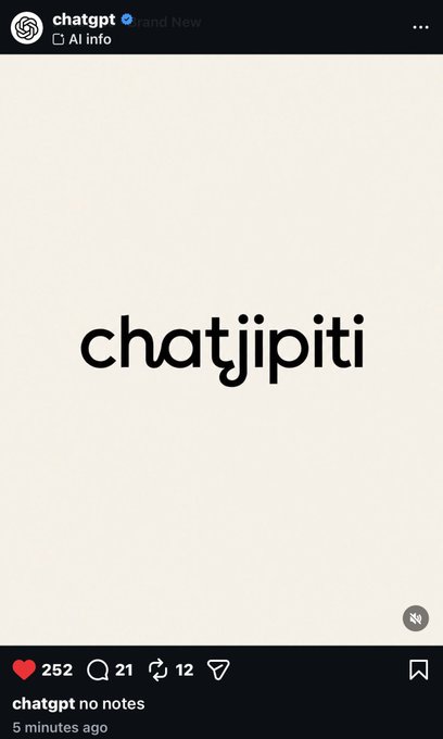 A ChatGPT-branded Instagram post displays the stylized text "chatjipiti" against a cream background, captioned "chatgpt no notes" with 252 likes, suggesting a humorous riff on ChatGPT's name tied to the $CHATJIPITI meme token.