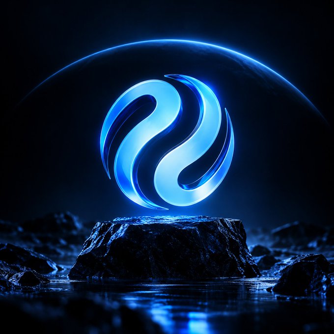 A glowing blue circular emblem with flowing wave-like patterns hovers above a dark rocky outcrop in a watery landscape under a dark sky.