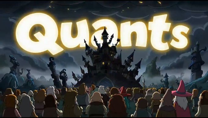 An illustrated fantasy scene features a glowing 'Quants' sign above a dark, spired castle, with a crowd of people gathered in the foreground.