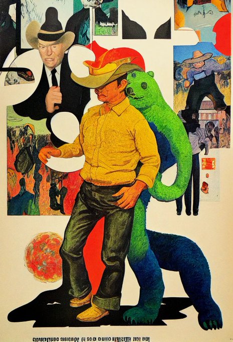 A colorful pop art collage showing a cowboy in a yellow shirt with a large green and blue bear behind him, surrounded by fragmented images and figures; partially visible upside-down text reads '...DY OF AN ARTIST' and '...HAGE PAINTING DEBAUCHERY'.