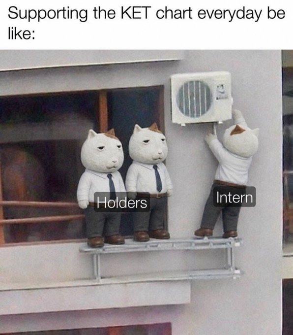 A meme featuring cat figurines with the caption 'Supporting the KET chart everyday be like:', labeling two stationary cats as 'Holders' and a cat trying to fix an AC unit as 'Intern'.