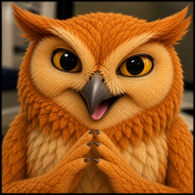 The image features a cartoon owl with bright orange feathers perched on someone's arm or shoulder, seemingly ready for takeoff. The owl appears to be trying to communicate some sort of threat against the viewer as it looks directly into their eyes with an evil-looking expression. Surrounding the owl are various other objects such as a cup and a tie, possibly indicating that this scene takes place in an office environment or a similar setting.