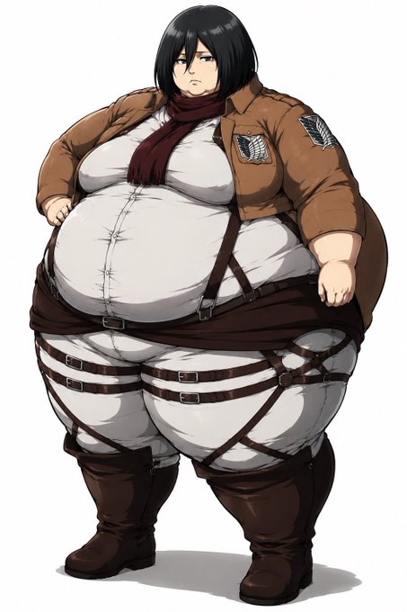 The image features a cartoon character, specifically a female anime character with a large body size. She has a brown jacket and white pants, giving her a unique appearance. The character appears to be wearing boots as well. The background of the image is white, which contrasts with the brown color of the character's outfit.