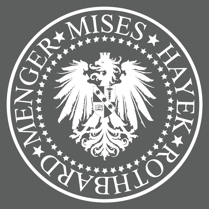 A circular grey and white emblem featuring an eagle and a shield with stars and a caduceus, encircled by the text 'WENGER MISES HAYEK ROTHBARD'.