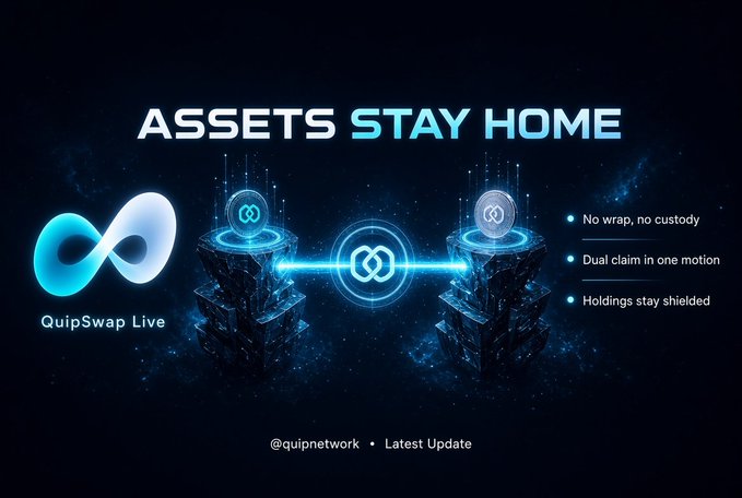A promotional graphic for 'QuipSwap Live' featuring the text 'ASSETS STAY HOME' alongside a glowing blue infinity symbol and a digital chain connecting coin platforms, with bullet points reading 'No wrap, no custody,' 'Dual claim in one motion,' and 'Holdings stay shielded,' credited to @quipnetwork.