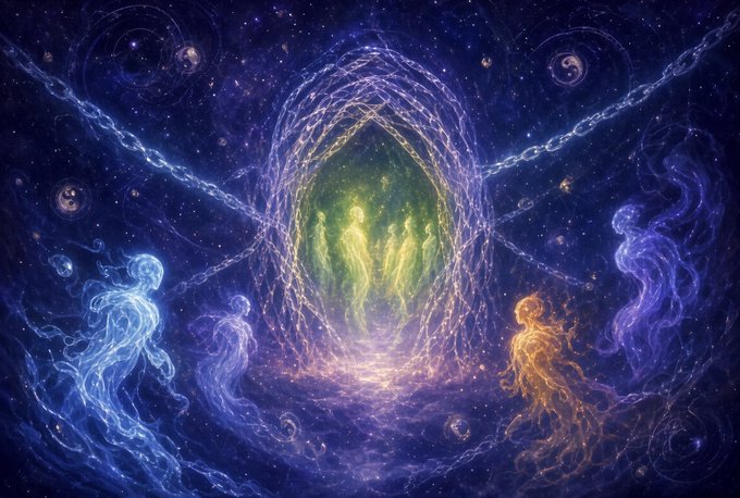 A cosmic portal glows with ethereal light as luminous, spectral figures in blue, gold, and violet hues gather around a radiant gateway containing robed silhouettes, evoking a sense of transition or ascension. The ethereal artwork thematically complements the post's discussion of cryptocurrency subnet rankings and emissions data, symbolizing a threshold or pivotal moment in the chain's evolution.