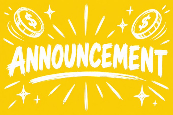 A bright yellow graphic displays the word "ANNOUNCEMENT" in bold, brush-stroke white lettering, surrounded by spinning dollar coins and starburst accents, promoting the bPay BNB Chain project and its user verification rewards.