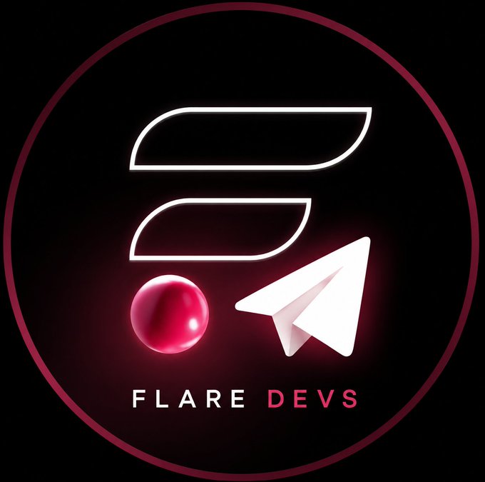 A logo with a circular dark red border containing two curved white shapes, a red sphere, a white paper airplane, and the text 'FLARE DEVS'.