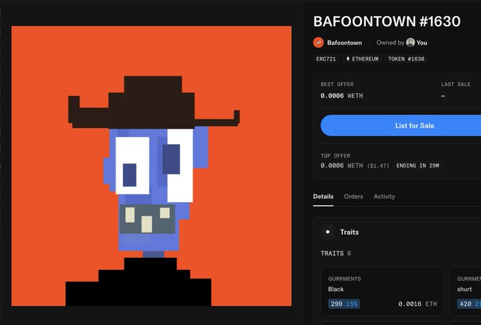 An OpenSea NFT listing for 'BAFOONTOWN #1630' showing a pixel art blue skull character wearing a black hat on an orange background, with a current best offer of 0.0005 WETH.