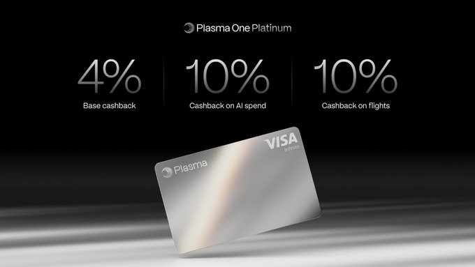 An advertisement for the 'Plasma One Platinum' Visa Infinite card highlighting benefits of 4% base cashback, 10% cashback on AI spend, and 10% cashback on flights.
