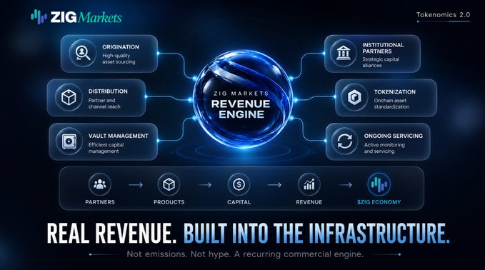 An infographic for ZIG Markets displays a 'Revenue Engine' diagram outlining origination, distribution, vault management, institutional partners, tokenization, and ongoing servicing, with the tagline 'Real revenue. Built into the infrastructure.'
