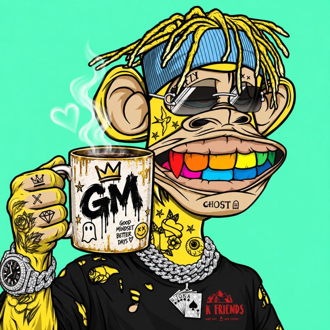 A cartoon NFT-style illustration of a yellow monkey character with dreadlocks, sunglasses, and rainbow teeth, holding a mug that says 'GM GOOD MINDSET BETTER DAYS,' with 'GHOST' written on its lip and a 'JUNK FRIENDS' tag.