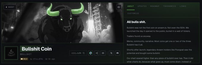 The image shows the ansem.io launch page for "Bullshit Coin" ($BULLSHIT), featuring a stylized black bull graphic with glowing green horns on a dark background. The page includes an "About" section describing the coin's origins on Solana, noting it launched the day it opened to the public and saw price gains following promotional tweets by Poorgiat, directly corresponding to the announcement of adding new $BULLSHIT to the ansem.io platform.