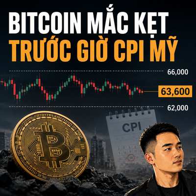 A YouTube thumbnail showing "BITCOIN MẮC KẸT TRƯỚC GIỜ CPI MỸ" (Bitcoin Stuck Ahead of US CPI) with a candlestick chart ranging between 62,000–66,000 USD and BTC currently at 63,600, alongside a calendar marked "CPI," a Bitcoin coin, and a portrait of an Asian male presenter—visually reinforcing the post's message that BTC remains range-bound near 63,500–63,700 USD ahead of the US inflation release.