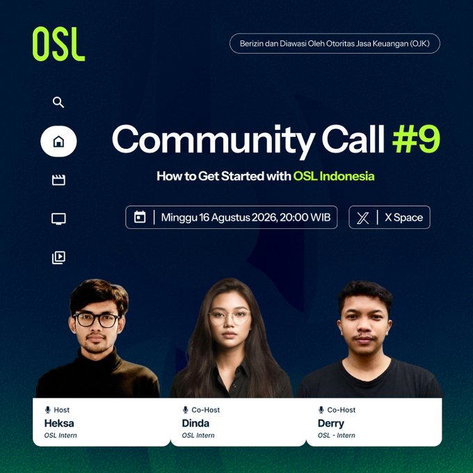 A promotional poster for OSL Community Call #9 titled 'How to Get Started with OSL Indonesia,' featuring three co-hosts named Heksa, Dinda, and Derry, scheduled for Sunday, August 16, 2026, on X Space.