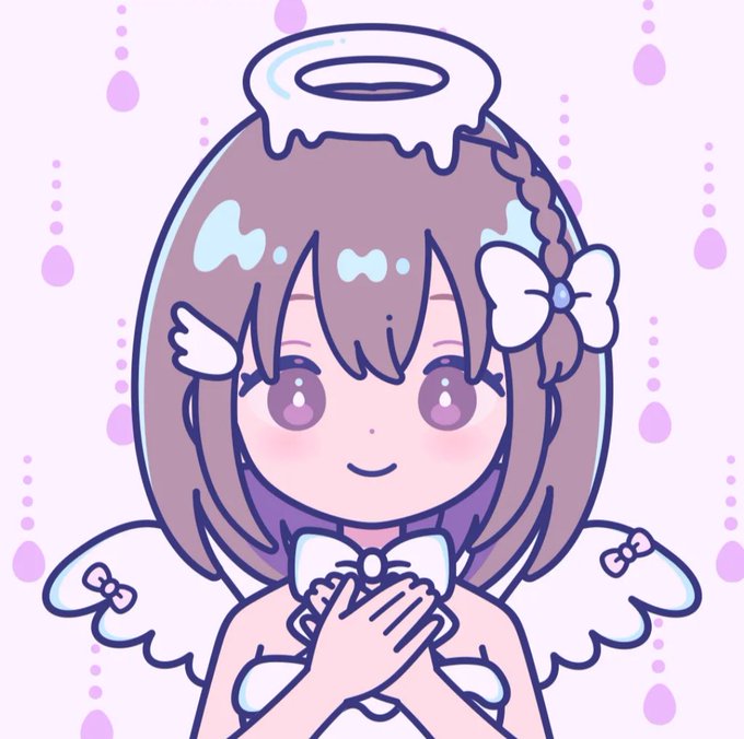 A chibi-style anime illustration of an angel girl with brown hair, white wings, and a halo, standing against a pink dotted background.