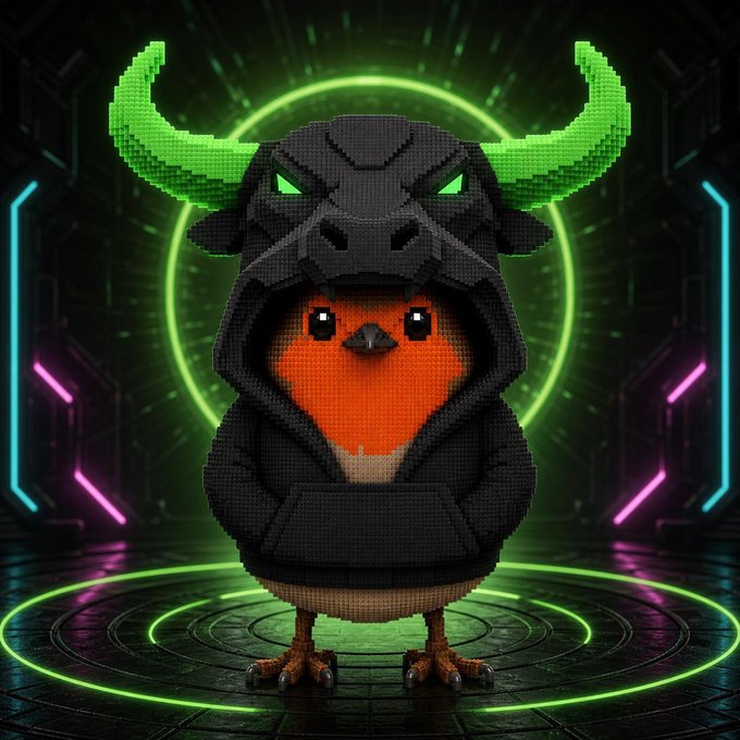 A pixelated robin character wears a black hoodie topped with a menacing bull skull featuring glowing green horns, standing in a neon-lit sci-fi corridor. The image serves as a custom NFT tribute, blending the "Black Bull Robert" meme persona with the intimidating bull aesthetic to honor @blknoiz06's work with $ansem.