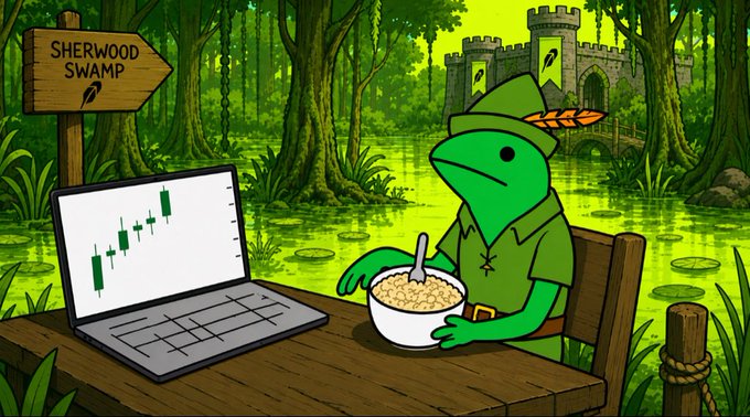 A cartoon frog in a Robin Hood-style hat eating cereal at a wooden table with a laptop showing a stock chart, set in Sherwood Swamp.
